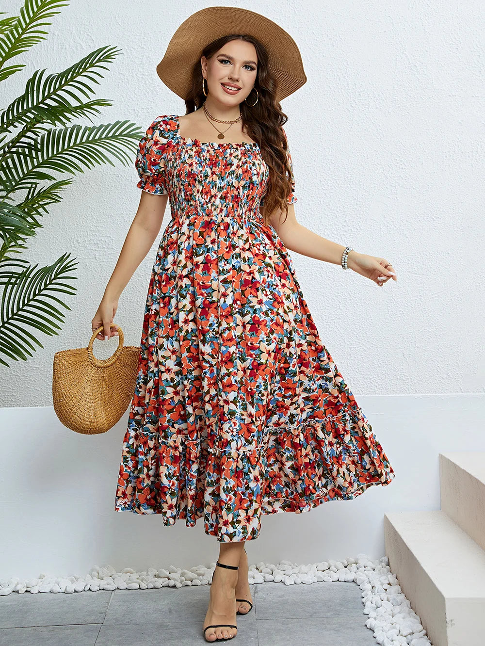 Plus Size Floral Square Neck Puff Sleeve Boho Beach Summer Long Dresses for women