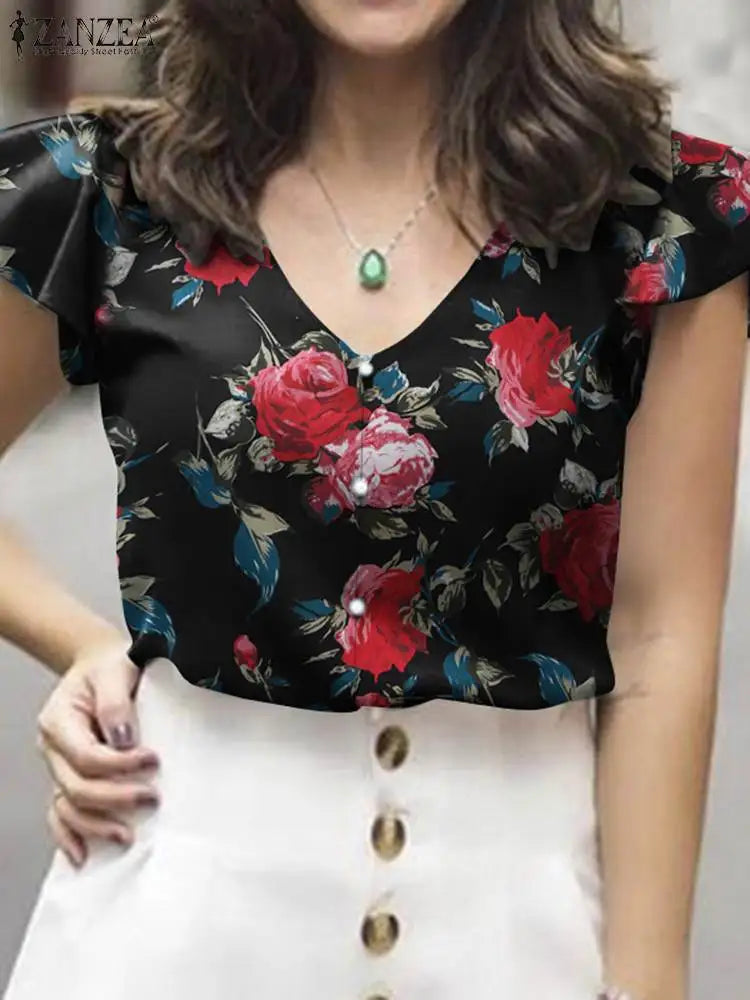 Women Floral Printed Short Sleeve Shirt Work Casual Tops