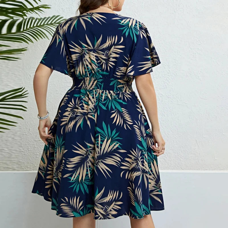 Plus Size Boho Floral Wrap Dress – V-Neck Ruffle Sleeve Casual Vacation Outfit