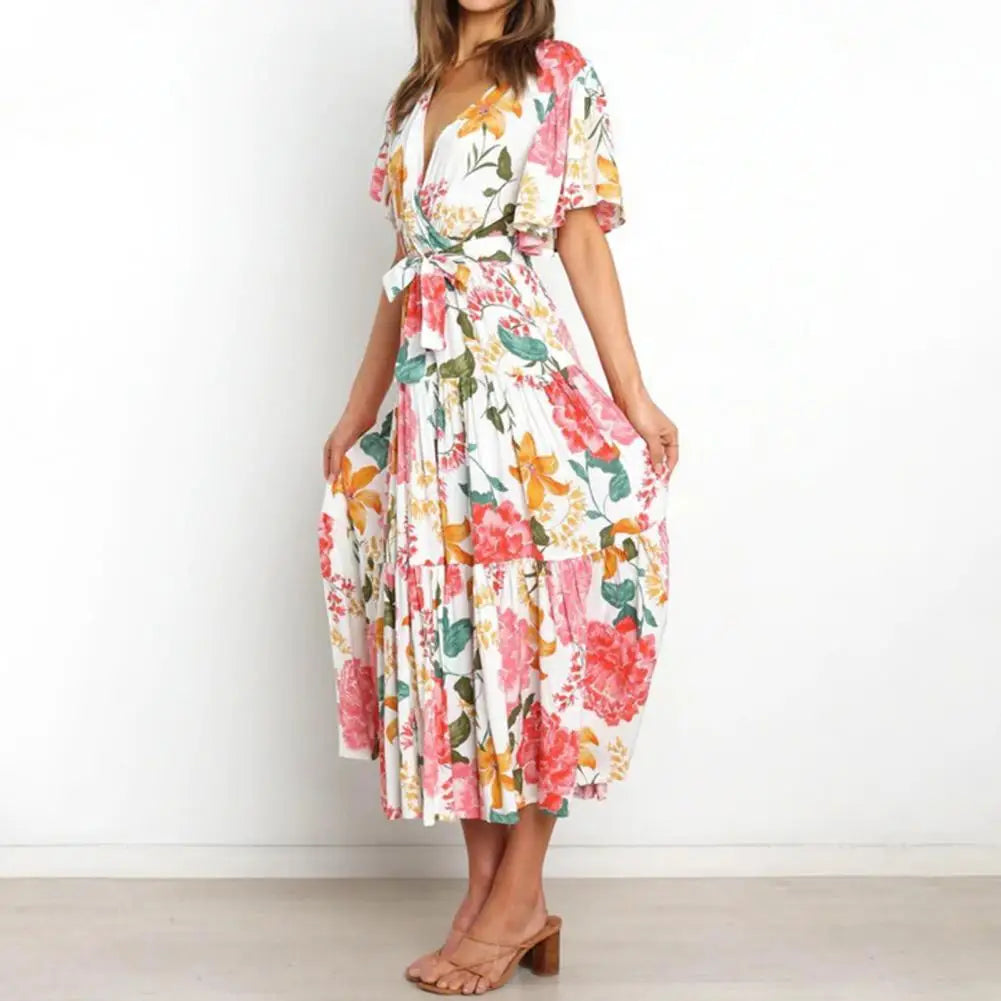 New Arrival - Bohemian Floral Print Long Dress Beach Holiday Short Sleeve Maxi Dress