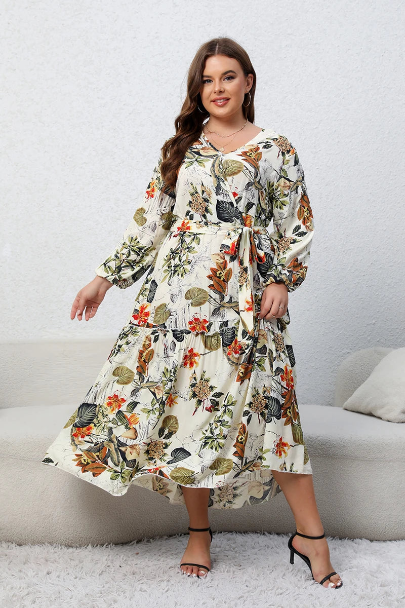 Plus Size Floral Print Belted Maxi Dress for Women