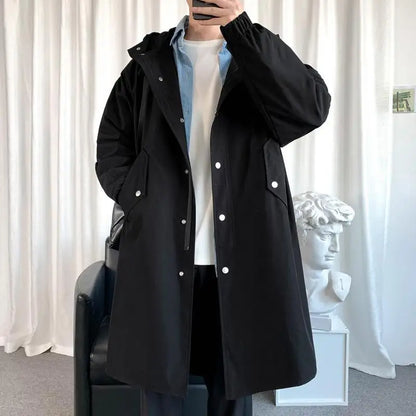 Men Long Trench Hooded Vintage Black Coats