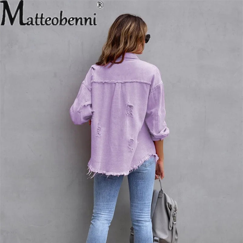 Women Pocket Denim Jacket Long Sleeves Single-breasted Cardigan Loose Women Coat