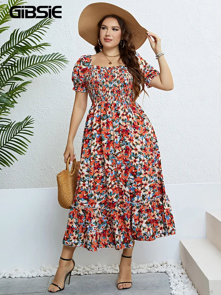 Plus Size Floral Square Neck Puff Sleeve Boho Beach Summer Long Dresses for women