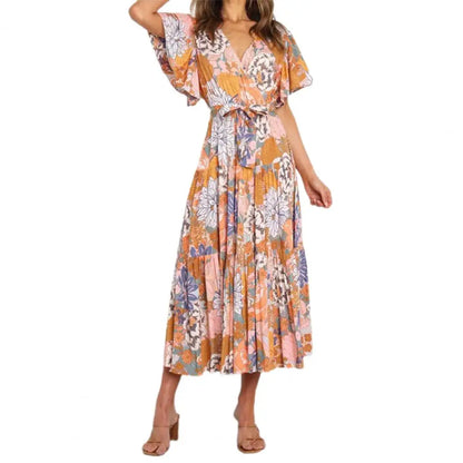 New Arrival - Bohemian Floral Print Long Dress Beach Holiday Short Sleeve Maxi Dress