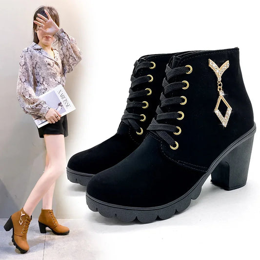 Women Shoes Lace Up Ankle Boots Zapatos Mujer Fashion High Heels Ladies Casual Spring Pumps Platform Heel 42