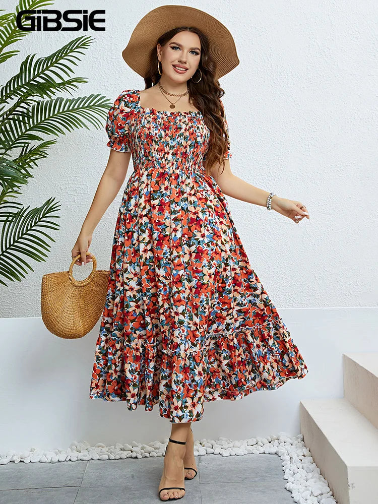 Plus Size Floral Square Neck Puff Sleeve Boho Beach Summer Long Dresses for women