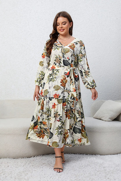 Plus Size Floral Print Belted Maxi Dress for Women