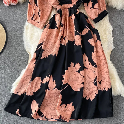 Women Floral Long Elegant Ruffle Sleeve Elastic Waist Chiffon Midi Dress