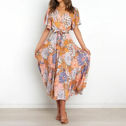 New Arrival - Bohemian Floral Print Long Dress Beach Holiday Short Sleeve Maxi Dress