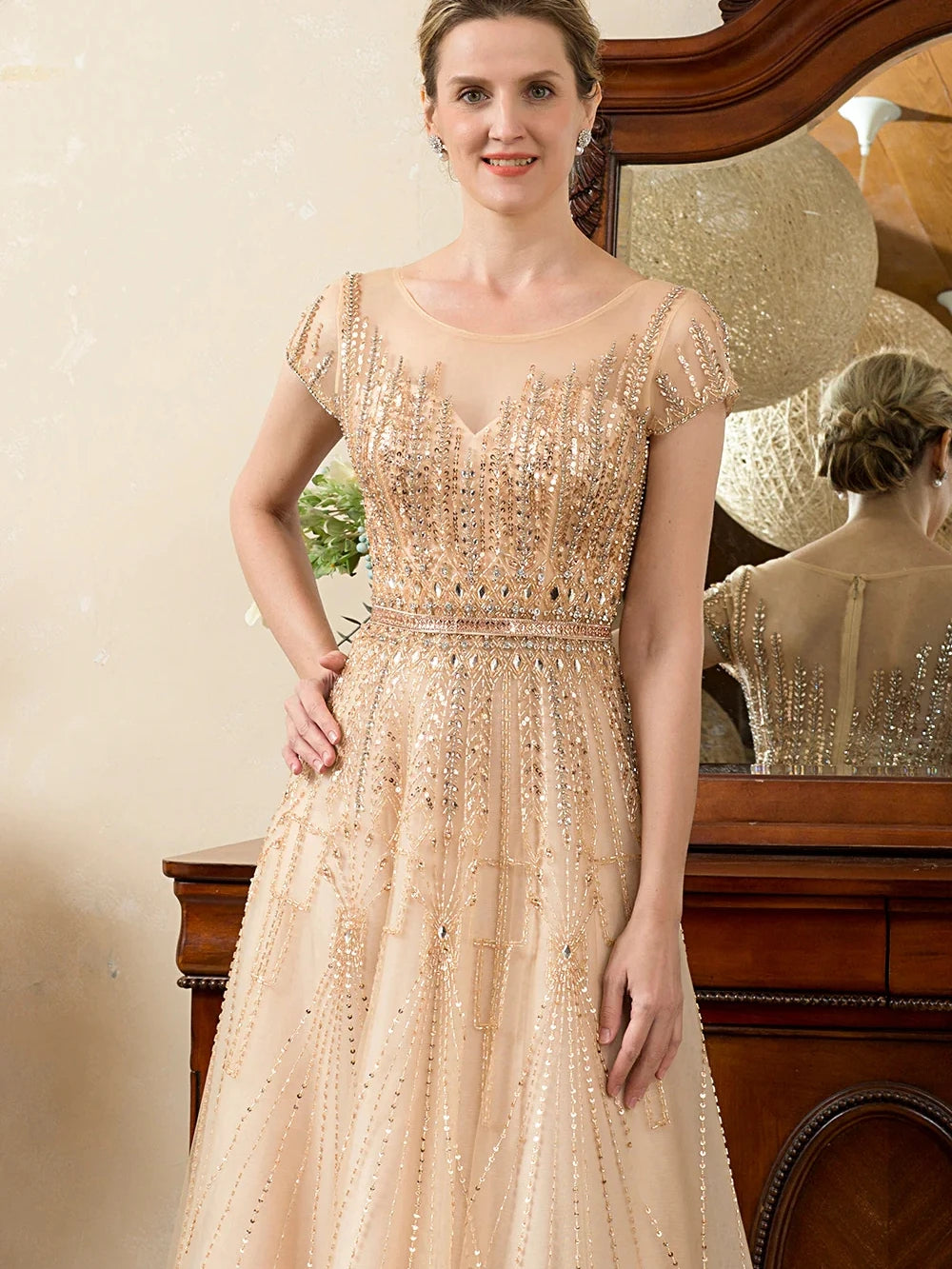 Elegant Long Gown with Sequins and Beads Classic Short Sleeve Mother of the Bride Dress.