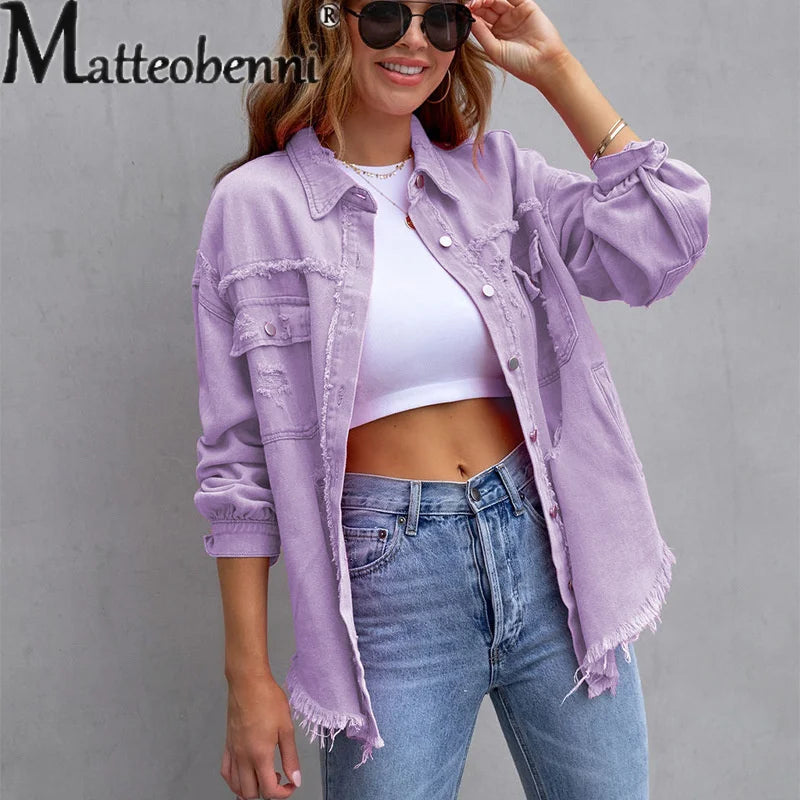 Women Pocket Denim Jacket Long Sleeves Single-breasted Cardigan Loose Women Coat