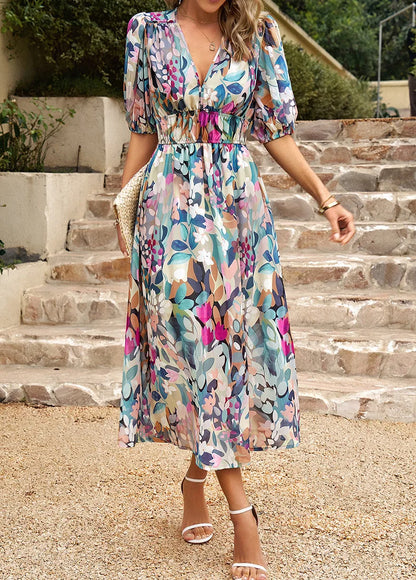 Women's Bohemian Floral Print Short Sleeve Beach Dress