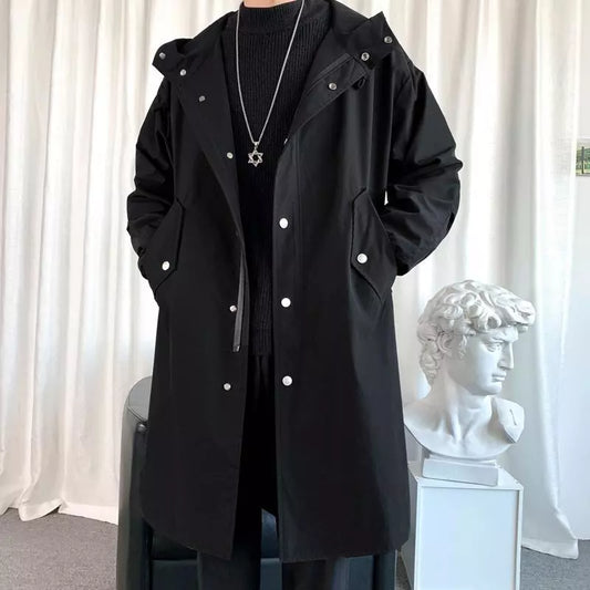Men Long Trench Hooded Vintage Black Coats