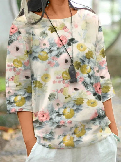 Women Cotton Linen Blouses Floral Printed 3/4 Sleeve O-Neck Top