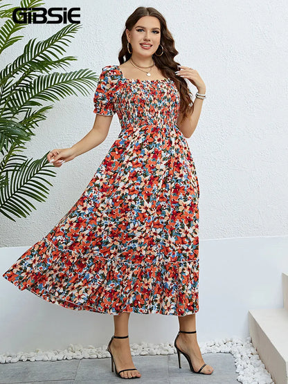 Plus Size Floral Square Neck Puff Sleeve Boho Beach Summer Long Dresses for women