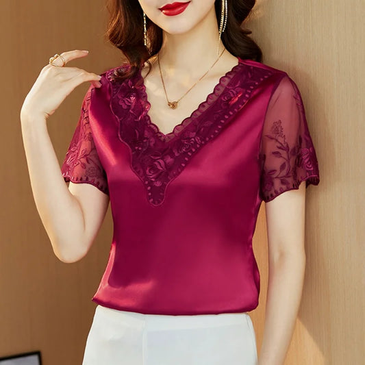 Women New Fashion Short Sleeve Satin Lace Shirt and Blouse Stitching Embroidery Tops