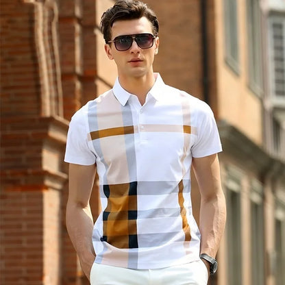 Men's Fashion Business Casual Stripe Polo Comfortable Cotton Top