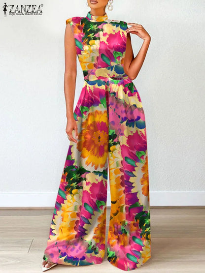 Women Cinched Waist Wide Leg Pants Summer Floral Print Long Rompers Sleeveless Party Jumpsuits