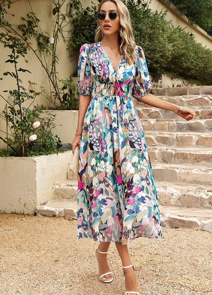 Women's Bohemian Floral Print Short Sleeve Beach Dress