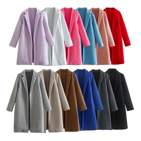 Women's Wear New Fashionable Style Mid length Polo Collar Long Sleeve Open Front Coat