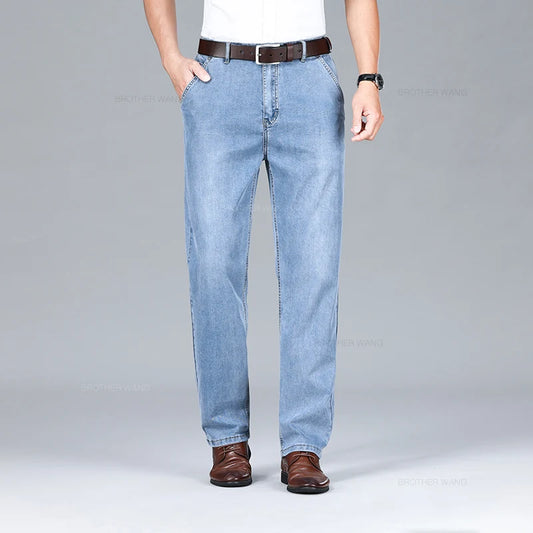 Men's Business Casual Elastic Denim Pants Loose Straight Jeans