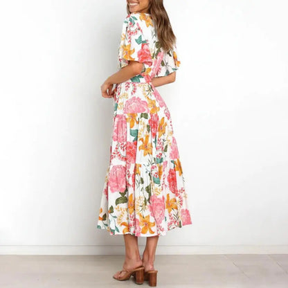 New Arrival - Bohemian Floral Print Long Dress Beach Holiday Short Sleeve Maxi Dress