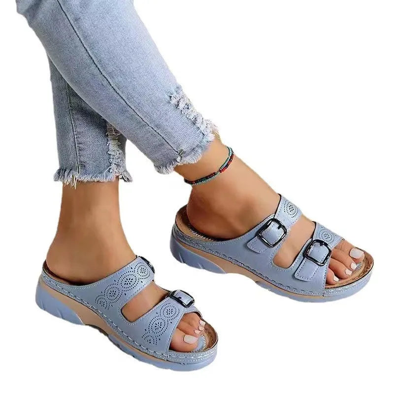 Women Closed Toe Summer Shoes Comfort Double Buckle Wedge Ladies Sandals