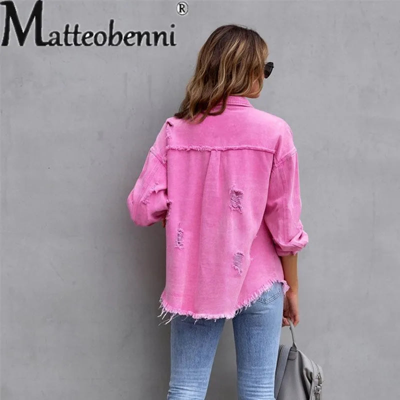 Women Pocket Denim Jacket Long Sleeves Single-breasted Cardigan Loose Women Coat