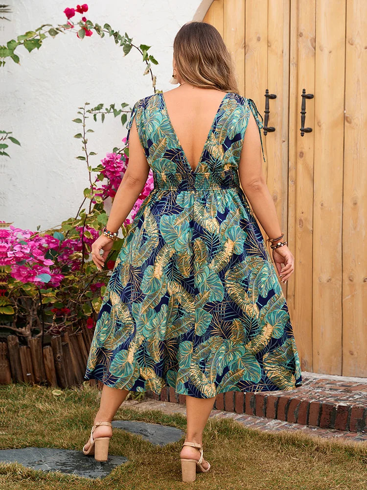 Plus Size Backless Tropical Print V-Neck Beach Summer Maxi Dress for Women.