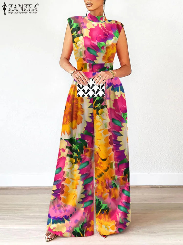Women Cinched Waist Wide Leg Pants Summer Floral Print Long Rompers Sleeveless Party Jumpsuits
