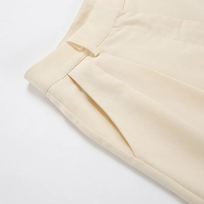 Women Office High Waist Shorts Suits V Neck Single Breasted Vest Two Piece Sets Cotton Linen Elegant Beige Suit