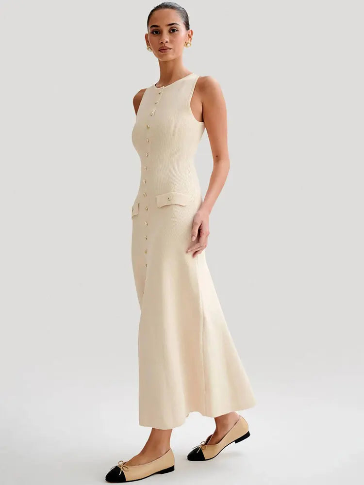 Women Elegant Sleeveless Button Knitted Long Dress Party Maxi Dress