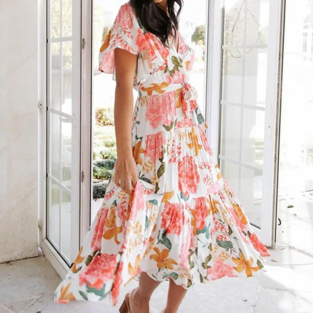 New Arrival - Bohemian Floral Print Long Dress Beach Holiday Short Sleeve Maxi Dress