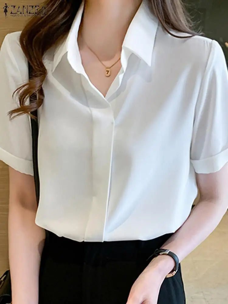 Women Summer Blouses Elegant Solid Shirts ZANZEA 2024 Casual Lapel Short Sleeve Office Lady Work Blusas Female OL Tunic Chemise