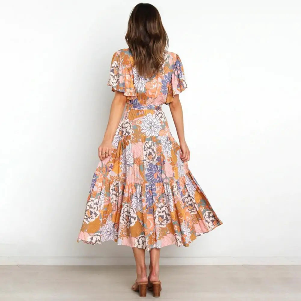 New Arrival - Bohemian Floral Print Long Dress Beach Holiday Short Sleeve Maxi Dress