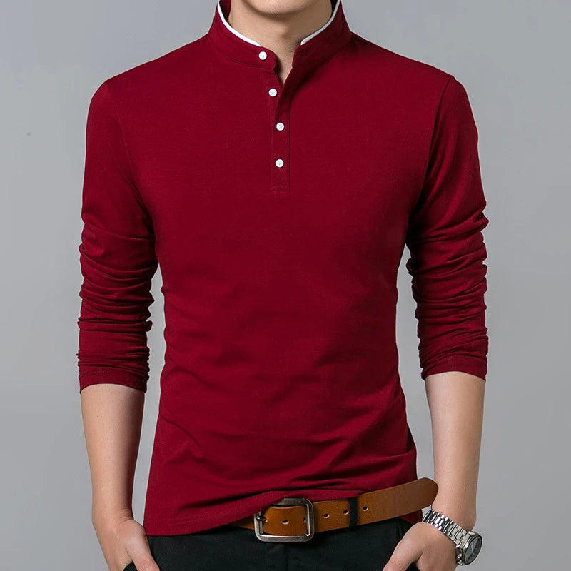 Men's Business Casual Polo Long Sleeve T-shirt Summer Comfortable and Breathable Solid Cotton Top