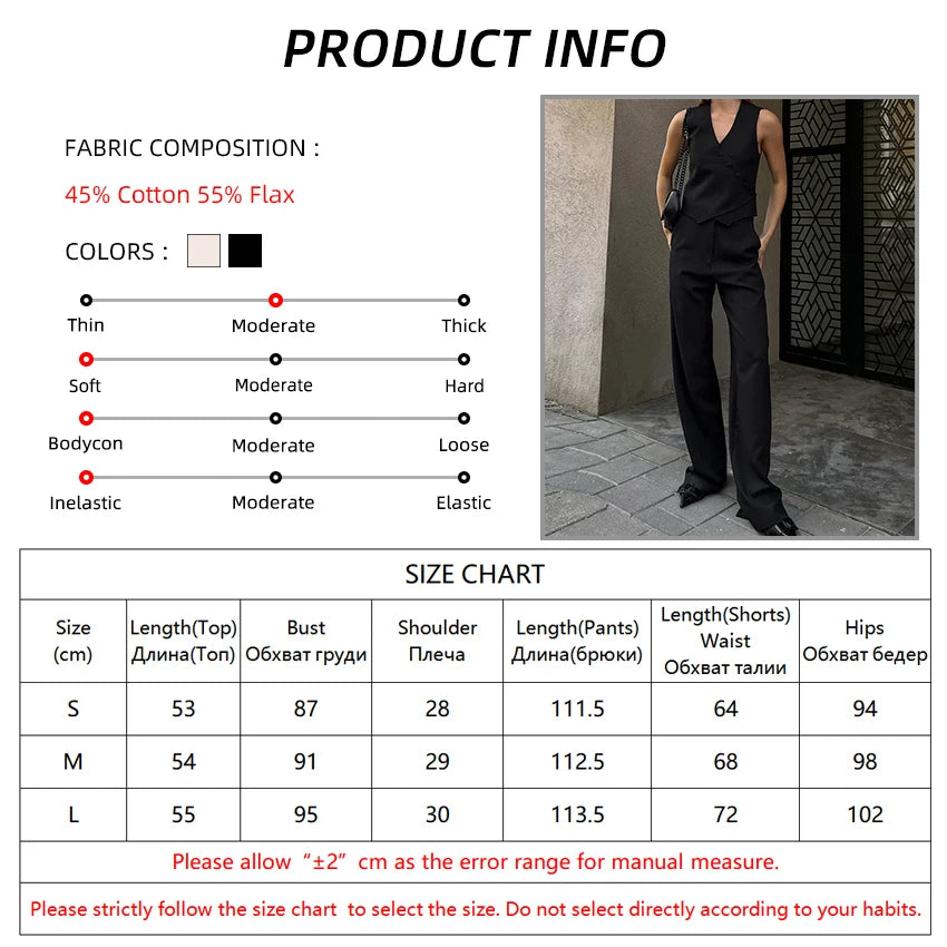 Women Black Button Up Tops Suits Sleeveless V Neck Shirt Pleated Long Pants Two Piece Sets Cotton Linen Outfits