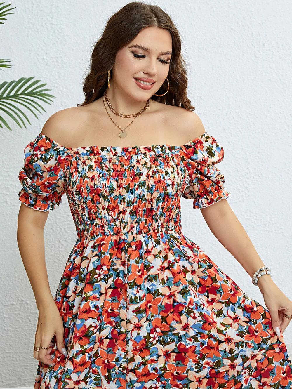 Plus Size Floral Square Neck Puff Sleeve Boho Beach Summer Long Dresses for women