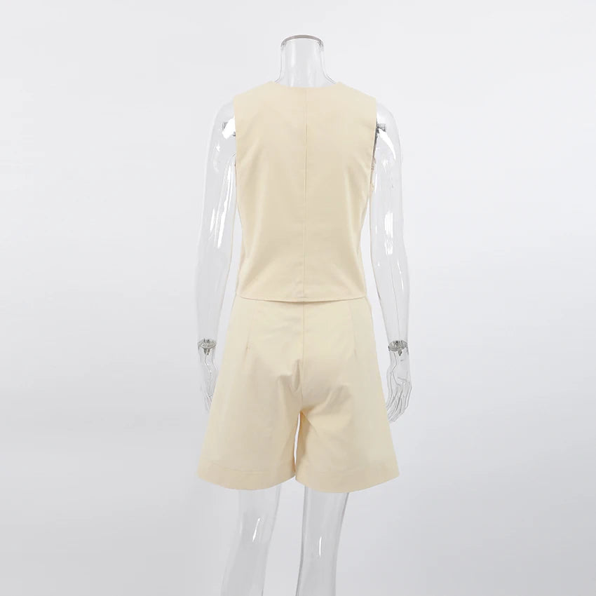Women Office High Waist Shorts Suits V Neck Single Breasted Vest Two Piece Sets Cotton Linen Elegant Beige Suit