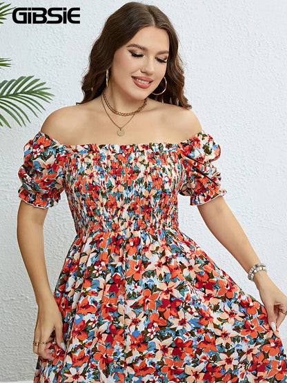 Plus Size Floral Square Neck Puff Sleeve Boho Beach Summer Long Dresses for women