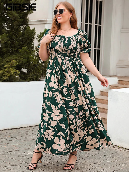 Plus Size Square Neck Floral Print Bohemian Maxi Dress.