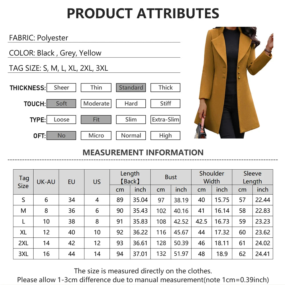 Women's Coat Long Jacket Elegant Slim Woolen Jacket