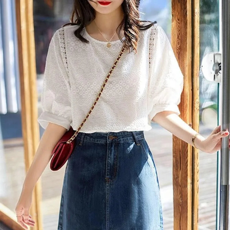 Women Embroidery Cotton Lace O-neck Casual Blouses Sleeve Loose Top