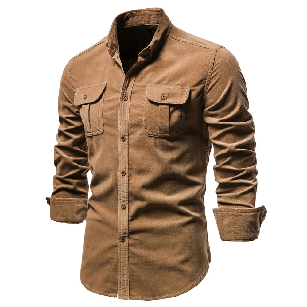 Men's Shirt Business Casual Fashion 100% Cotton Solid Color Corduroy Slim Shirt