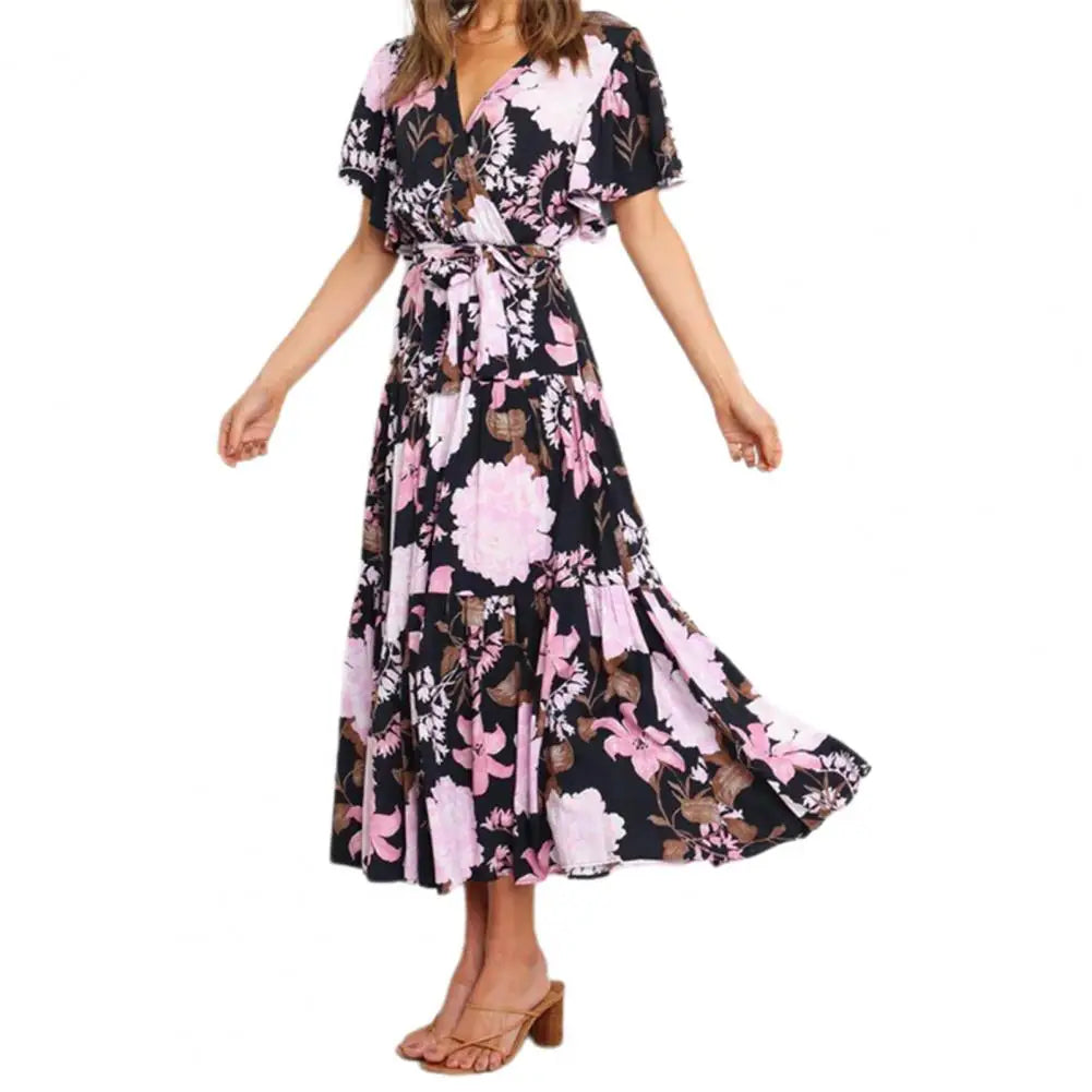 New Arrival - Bohemian Floral Print Long Dress Beach Holiday Short Sleeve Maxi Dress