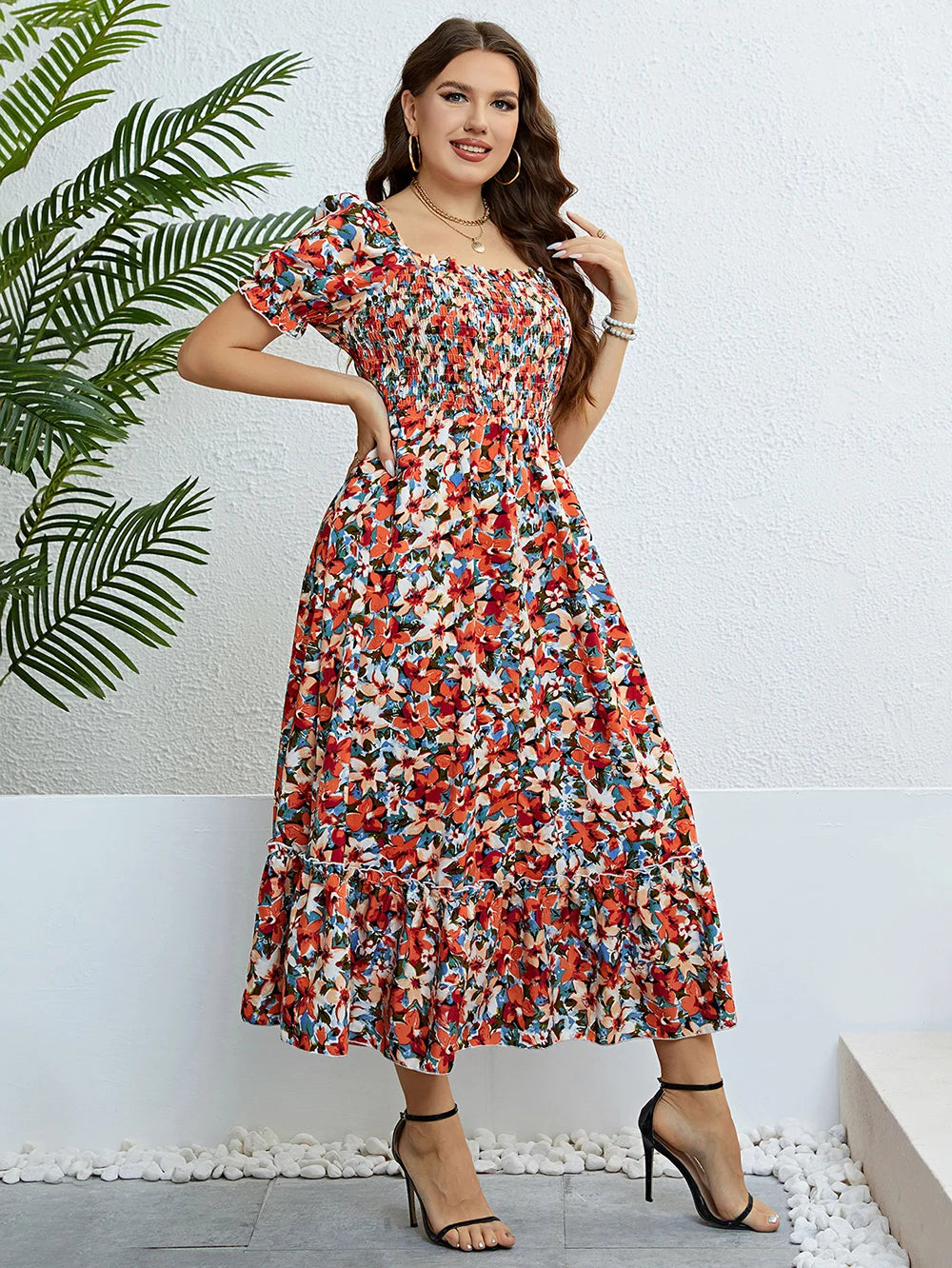 Plus Size Floral Square Neck Puff Sleeve Boho Beach Summer Long Dresses for women