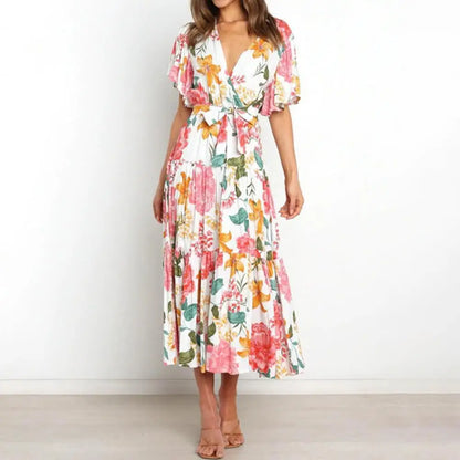 New Arrival - Bohemian Floral Print Long Dress Beach Holiday Short Sleeve Maxi Dress