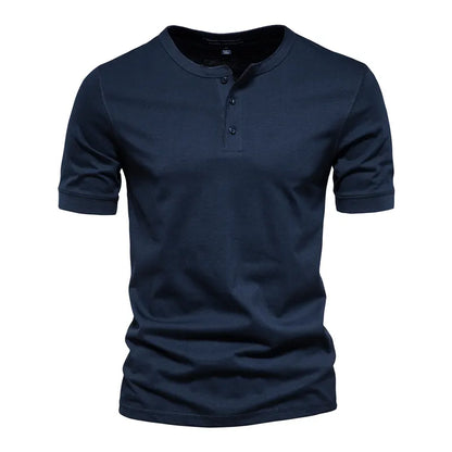 Men's Casual 100% Cotton Henley Collar T Shirt High Quality Summer Short Sleeve T Shirt