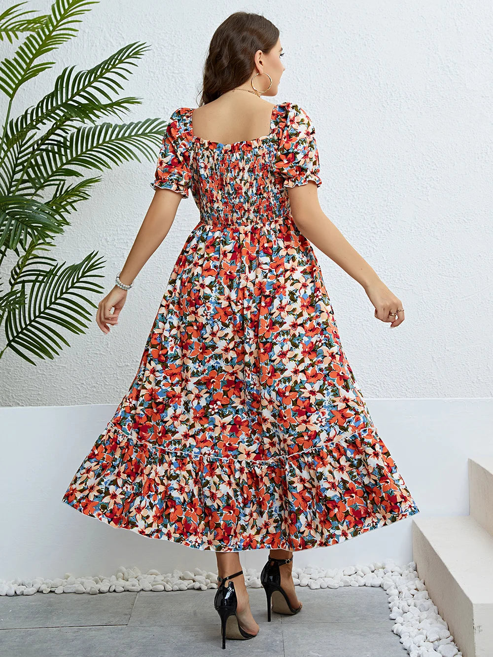 Plus Size Floral Square Neck Puff Sleeve Boho Beach Summer Long Dresses for women